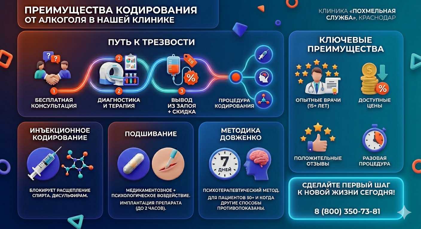 Инфографика о методах кодирования от алкоголя в Калининской: инъекции, подшивание, метод Довженко. Преимущества клиники и этапы лечения.